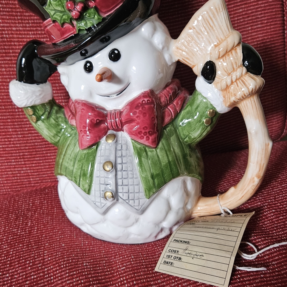 Charming Snowman Pitcher with Red and Green Accents